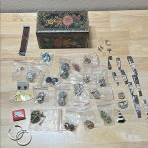 Vintage Floral Jewelry Box with Assorted Clip On Earrings, Nail Clippers, misc.